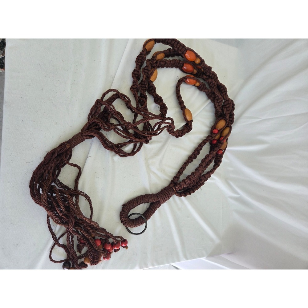 Vintage Macrame Plant Hanger Brown Jute Boho Wood Bead Knotted Tassel